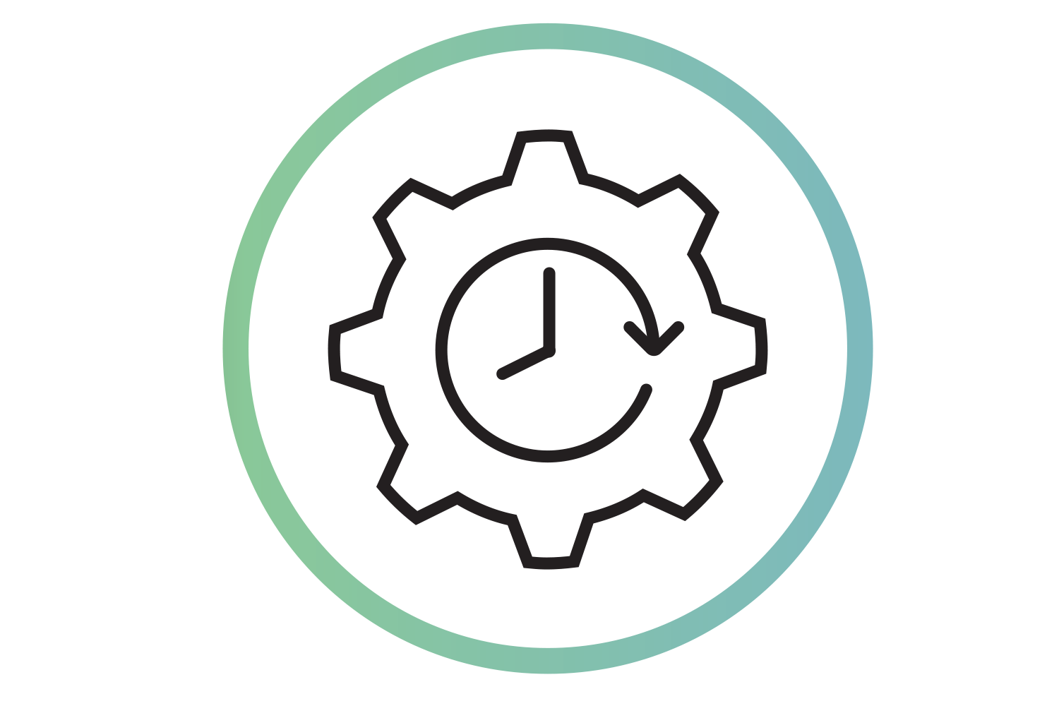 Symbol für flexible Arbeitszeit mit Zahnrad und Uhr.