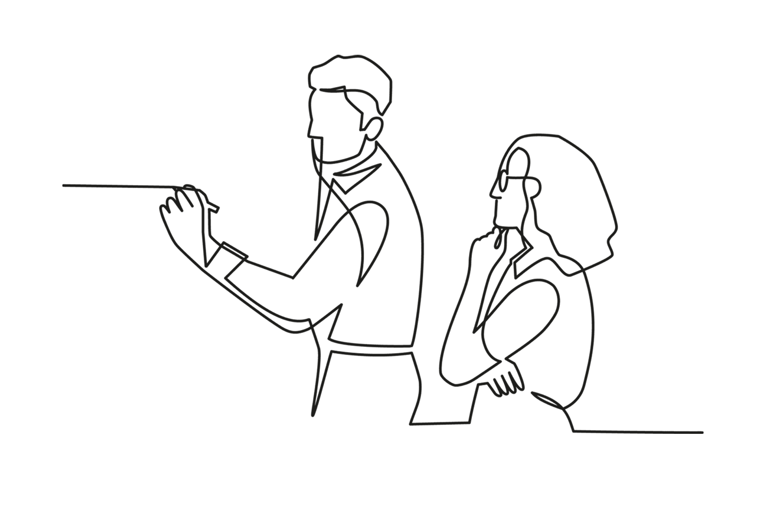 Minimalistische Illustration von zwei Personen in einer Besprechung oder Schulung.